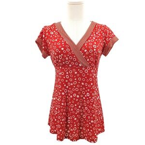 Banabee Retro Orange Circle Print Babydoll Top V-Neck Mod Size L Y2K Vintage